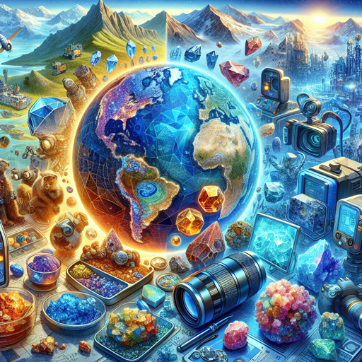 A vibrant illustration of rare minerals, gemstones, and geological tools surrounding a globe. banner