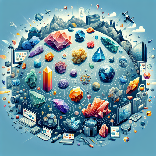 A vibrant illustration of various minerals, gemstones, and geological tools in a dynamic layout. banner