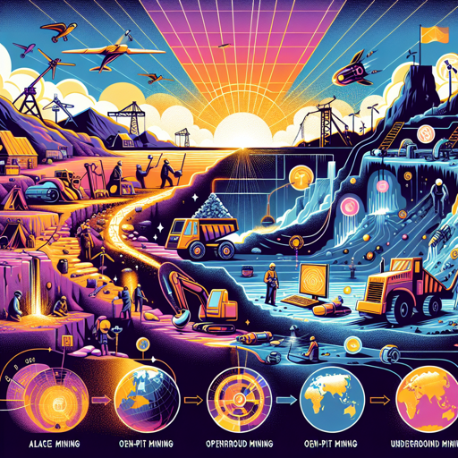 A colorful illustration depicting the evolution of mining methods through time and technology. banner