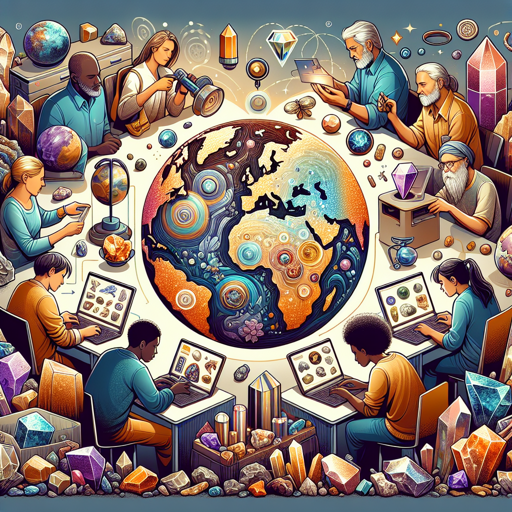 A diverse group of people exploring minerals and gemstones around a colorful globe. banner