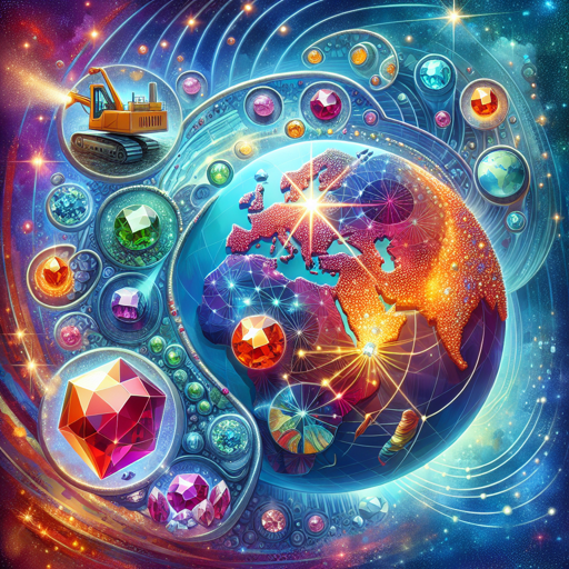Illustration of Earth surrounded by colorful gemstones and mining equipment, highlighting ethical sourcing. banner