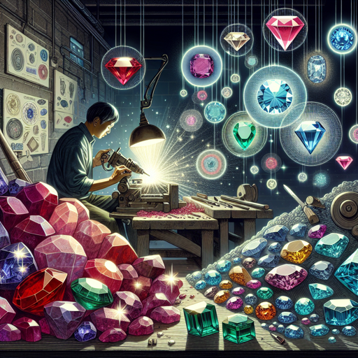 A gemstone cutter works in a workshop surrounded by colorful, polished gemstones. banner