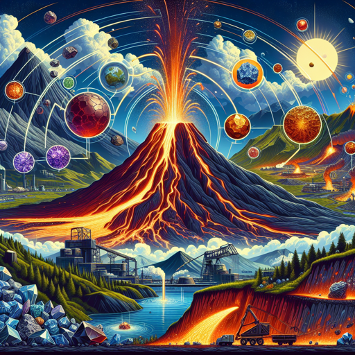 Volcanic eruption creating unique minerals, showcasing geology and mining processes. banner