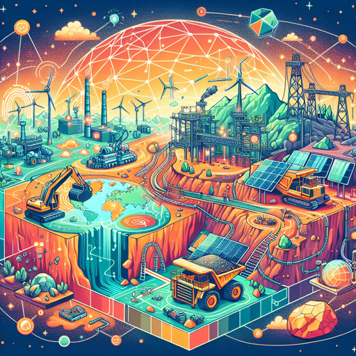 A vibrant illustration of sustainable mining with renewable energy, minerals, and earth science elements. banner