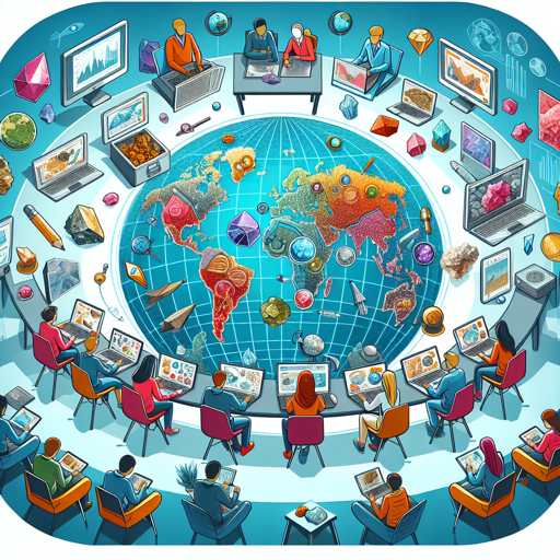 A diverse group of people engaging with geology, minerals, and gemstones around a global map. banner