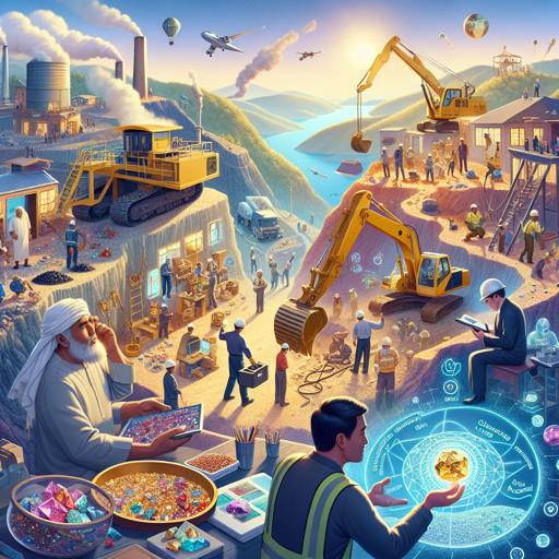 A vibrant mining scene showcasing diverse workers, machinery, and gemstones, highlighting minings community impact. banner