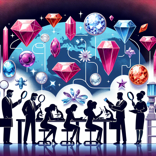 Illustration of gemologists examining gemstones to distinguish real from fake. banner