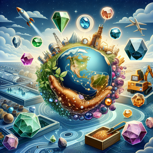 A hand cradles the Earth surrounded by eco-friendly gemstones and mining elements. banner