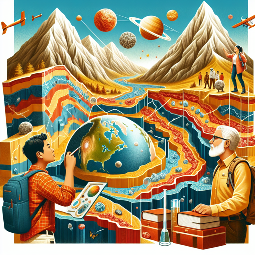 A vibrant illustration of mountain formation, minerals, and geology education with explorers and planets. banner