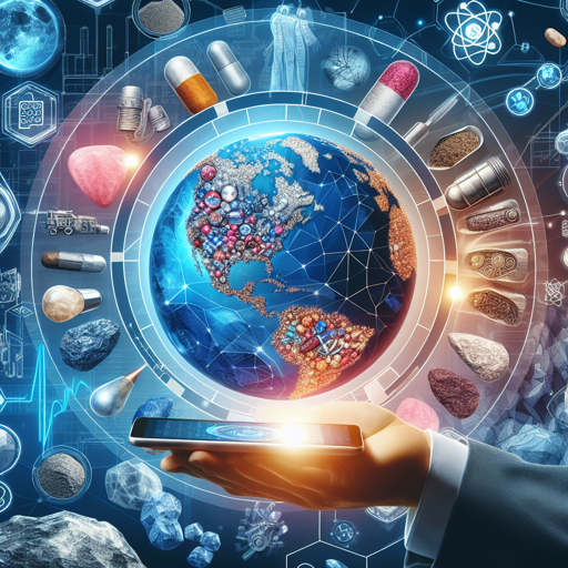 A hand holds a smartphone above a globe surrounded by minerals, pills, and healthcare symbols. banner