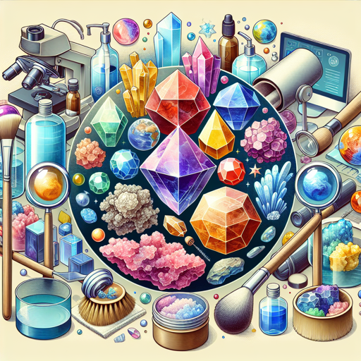 Colorful mineral specimens and cleaning tools surround a microscope, highlighting mineral care tips. banner