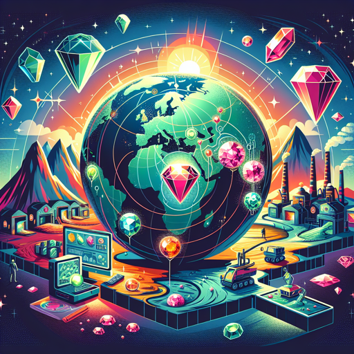 A vibrant illustration of a globe surrounded by gemstones, mining scenes, and geological elements. banner