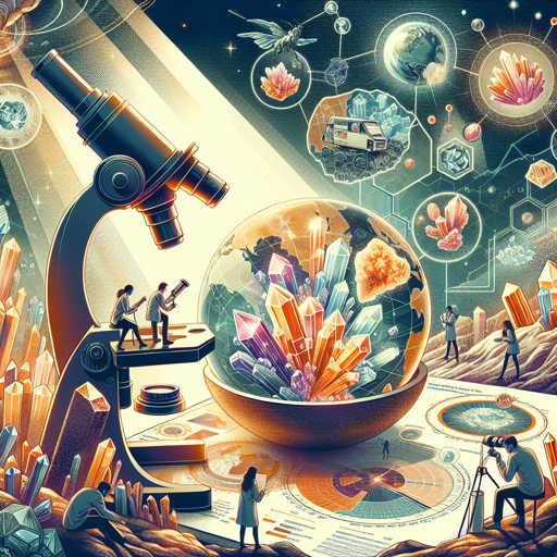 Illustration of crystal formation with a microscope, minerals, and geological exploration themes. banner