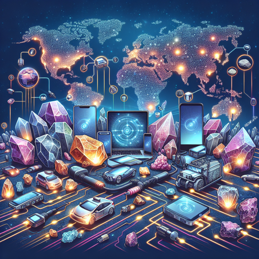 A vibrant illustration of minerals powering technology, featuring devices, gemstones, and a world map. banner