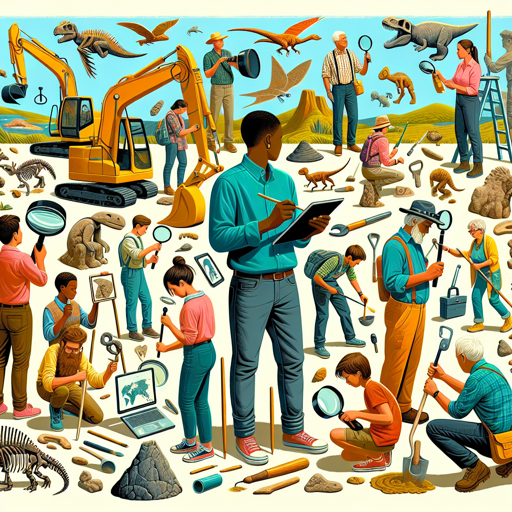 A vibrant scene of diverse people exploring fossils and minerals, showcasing geology and earth science. banner