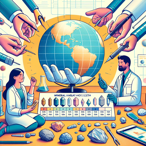 Illustration of scientists measuring mineral hardness using the Mohs scale with various minerals. banner