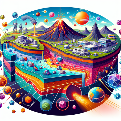 Illustration of volcanic activity creating minerals, showcasing geology, mining, and gemstones. banner