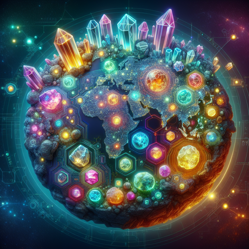 A vibrant globe adorned with glowing minerals and crystals, illustrating geology and mineralogy. banner