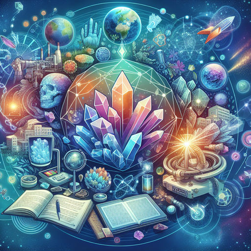 A vibrant collage of crystals, minerals, and scientific elements representing geology and earth science. banner