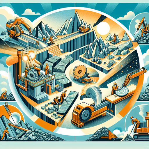 Image depicting the quarrying of granite, showcasing large granite blocks, extraction equipment, and the rugged terrain of a granite quarry, emphasizing its use in construction and architecture. banner